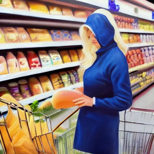 Image similar to high quality award winning painting of a rich blonde woman shopping for bread in a supermarket