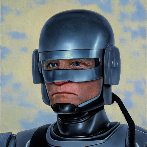 Image similar to joe biden as robocop, realistic oil painting, style of norman rockwell, 8 k, super sharp, ultra detail, rule of thirds,