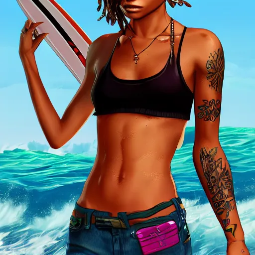 Prompt: zoe kravitz as a california surfer girl, gta 5 cover art, hd digital art, trending on artstation