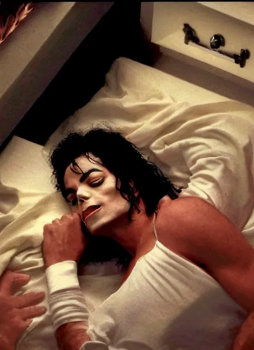 Image similar to photo still of michael jackson asleep inside a casket, full-shot, 4k