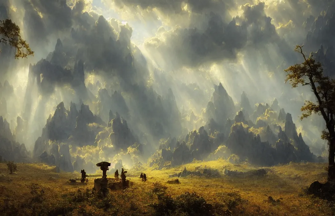 Image similar to albert bierstadt, greg rutkowski, james gurney, dancing angels in phantastic landscape, hyperreal phantastic, intricate details in environment, meeting point, luminance, golden ratio, high aestehtic, cinematic light, dramatic light, godrays, distance, clear atmosphere, photobash, wideangle, bierstadt, hyperreal 4 k