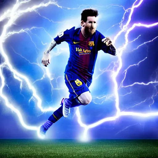 Image similar to lionel messi running extremely fast while his body emits blue lightning, 8 k