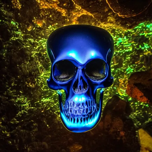 Image similar to glowing obsidian skull in a night jungle underwater