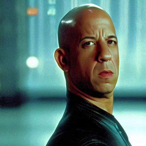 Prompt: film still of vin diesel as neo in The Matrix (1999)