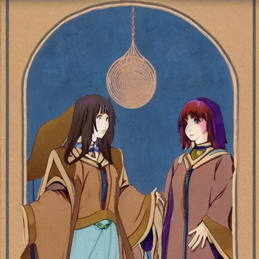Prompt: a scene of two identical beautiful female mages standing face to face, full of detail, anime style