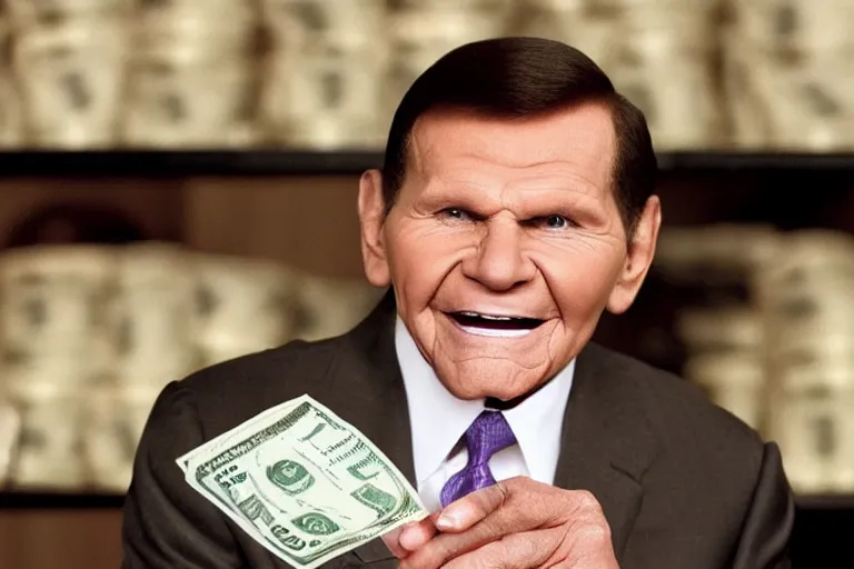 Prompt: kenneth copeland munching on money and dollar bills