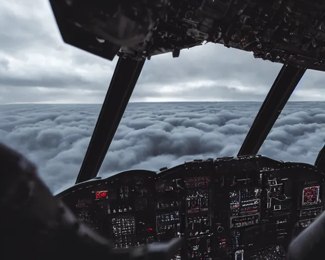 Prompt: Dark helicopter cockpit interior looking out at storm clouds, cinematic