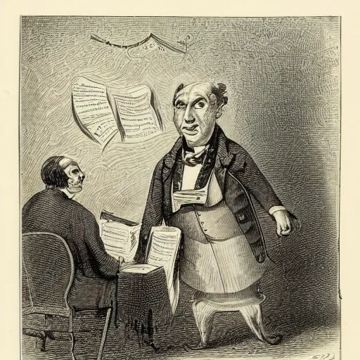 Prompt: Caricature of a judge by George Cruikshank, engraving