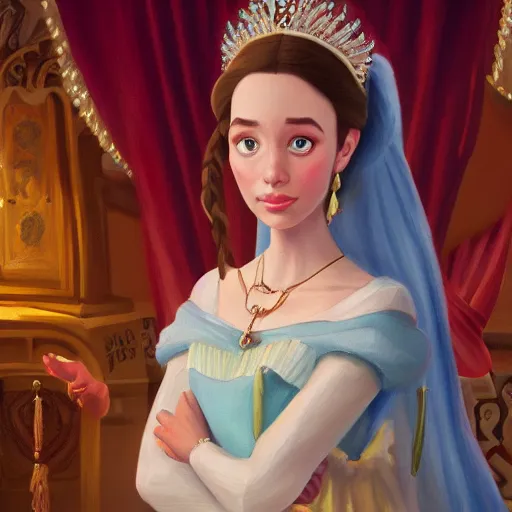 Image similar to a portrait of a jewish princess in a disney movie, oil painting, pale colors, high detail, 8 k, wide angle, trending on artstation,