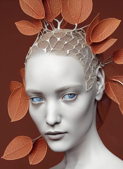 Image similar to complex 3d render ultra detailed of a beautiful porcelain profile woman face, mechanical vegetal cyborg, 150 mm, beautiful studio soft light, spot light, rim light, silver gold red details, luxurious, magnolia big filigran leaves and stems, roots, Alexander Mcqueen haute couture, fine foliage lace, mesh wire, filigran metallic intricate details, hyperrealistic, mandelbrot fractal, anatomical, silver metal armor, facial muscles, cable wires, microchip, elegant, white background, beautiful white teeth, octane render, H.R. Giger style, 8k