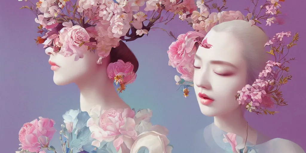 Prompt: breathtaking delicate painting pattern art deco blend of flowers and faces, by hsiao - ron cheng, bizarre compositions, many exquisite detail, pastel colors, 8 k