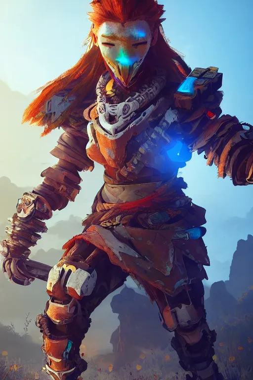 Image similar to combination suit armor aloy horizon forbidden west horizon zero dawn radiating a glowing aura global illumination ray tracing hdr fanart arstation by ian pesty and alena aenami artworks in 4 k tribal robot ninja mask helmet backpack