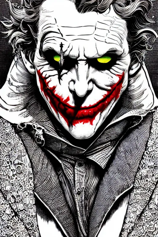 Prompt: colorful!!! joker portrait by laurie greasley and hans bellmer, ( ( etching by gustave dore ) ), ultraclear intricate, sharp focus, highly detailed digital painting illustration, concept art, masterpiece