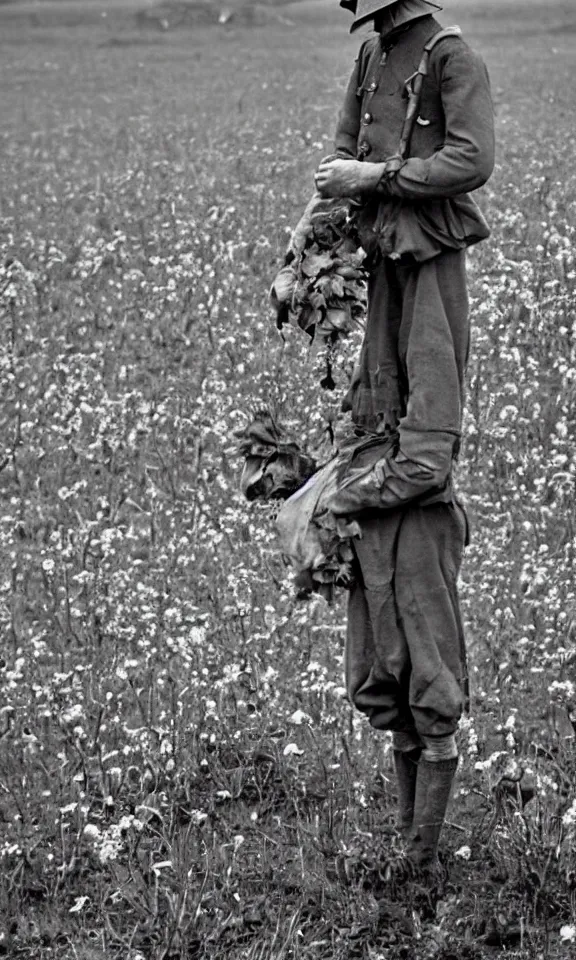 Prompt: human-like scarecrow wearing torn military clothes in beautiful meadow of flowers, ww1 photo, grainy, high detail, high resolution,