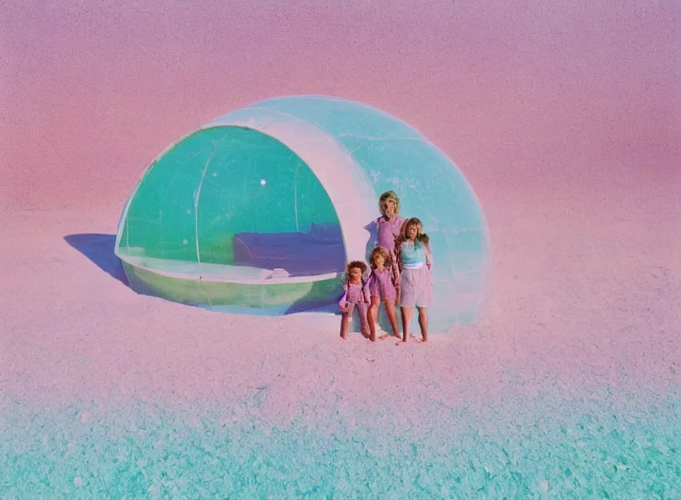 Image similar to a pastel coloured vintage family holiday photo of an empty beach from an alien dreamstate world with chalky pink iridescent!! sand, reflective lavender ocean water, dim bioluminescent plant life and an igloo shaped shiny plastic festival stage and large sound system with transparent frosted panels!! glare. refraction, volumetric light.