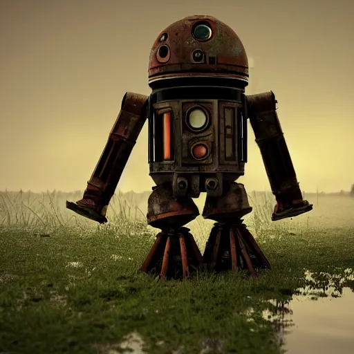 Image similar to realistic render of a small and rusty observation droid in a swamp, eerie atmosphere, fog, cinematic lighting