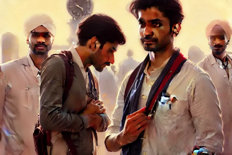 Prompt: Anxious good looking pale young Indian doctors wearing American clothes at the airport, portrait, elegant, intricate, digital painting, artstation, concept art, smooth, sharp focus, illustration, art by artgerm and greg rutkowski and alphonse mucha