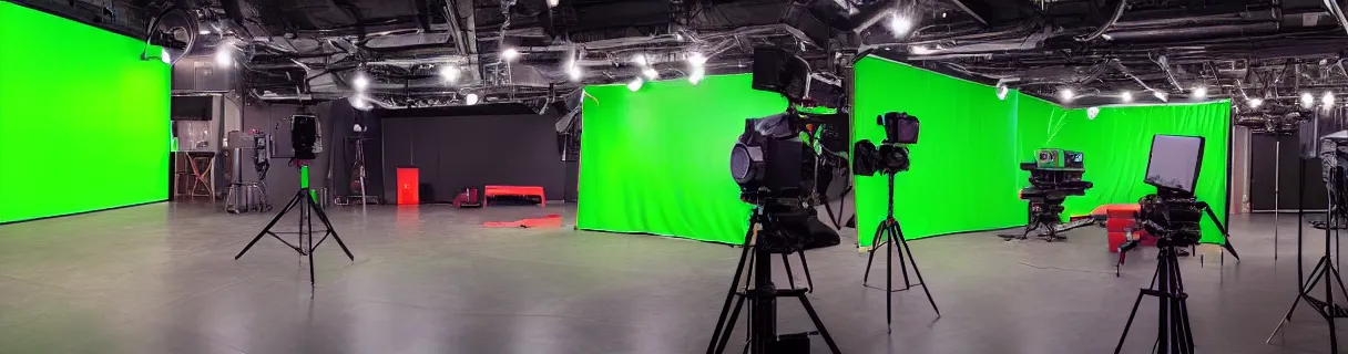 Prompt: photo of a movie set with a single big green screen with red tracking markers dots, studio, movie set, realistic, studio lighting