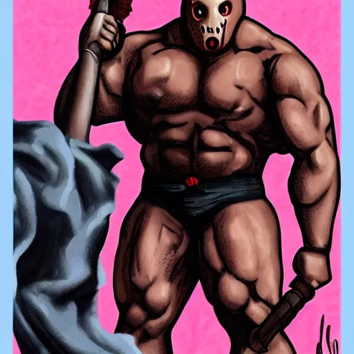 Image similar to Pinup of buff musclegut Jason Voorhees in a speedo