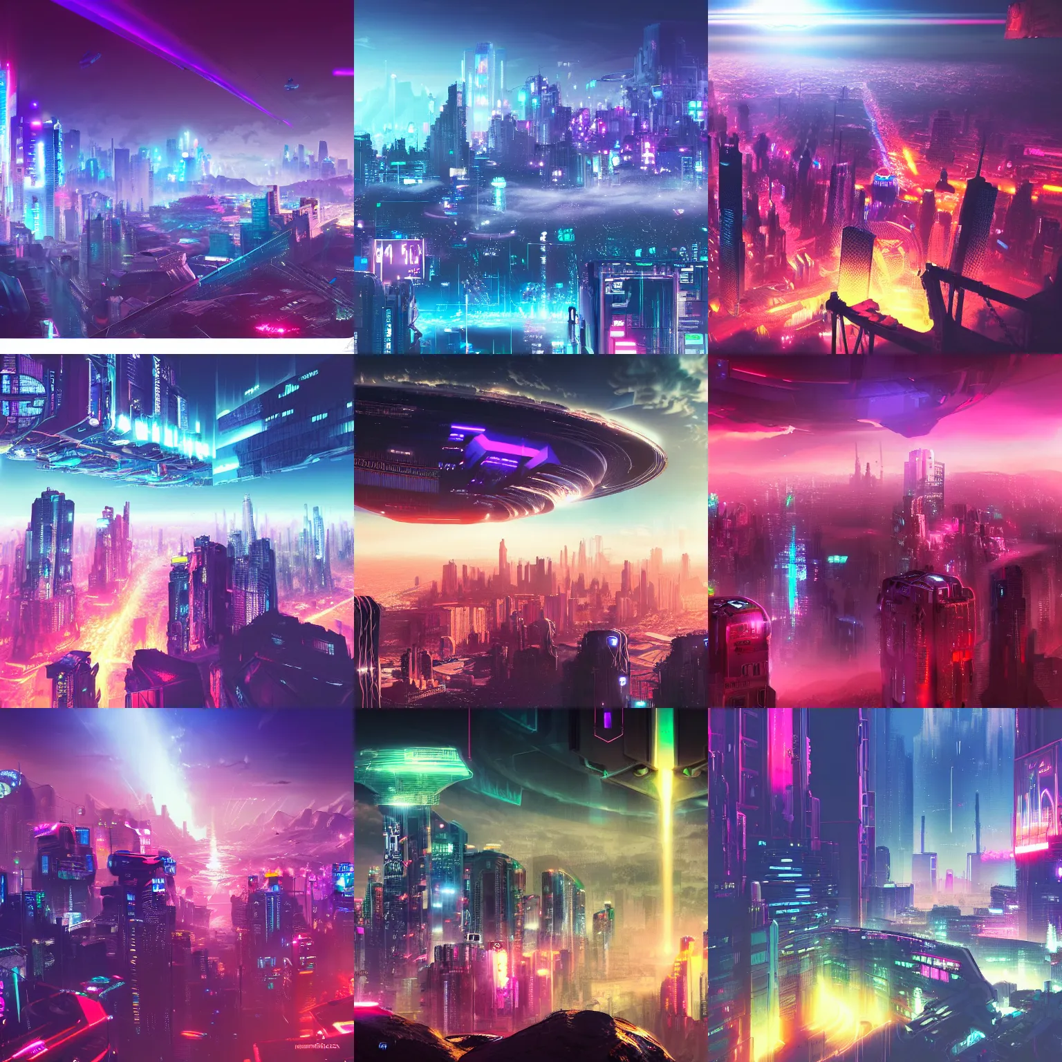 Prompt: great cyberpunk city above clouds, evening, ufo, distance waterfalls flow down the mountains, Neon lights shine, highdefinition, super wide angle, artstation,