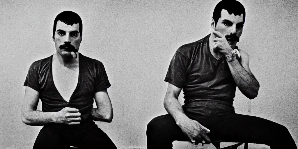 Image similar to freddie mercury sits in a russian prison, black and white photo, realism, 3 5 mm, good lighting