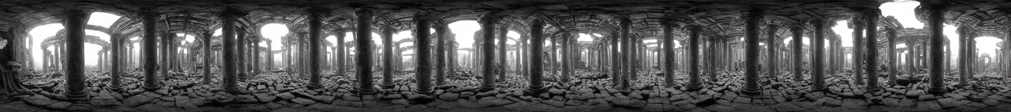 Prompt: photo of an immersive forgotten panopticon well, with columns and destroyed cybernetics from an ancient civilization, photorealistic, higly detailed dark, 3 6 0 picture, panorama, 3 5 mm slide, trending on flickr, in the style of francesca woodman, zachary corzine, zhelong xu, greg rutkowski and anders zorn