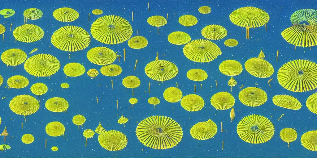 Image similar to Artwork by Tim White of the aerial view of a forest of giant diatoms.