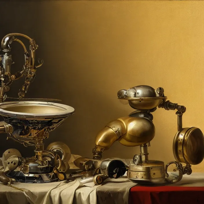 Image similar to still life painting of a cybernetic arm by pieter claesz, oil on canvas, strong lighting, highly detailed, hyper realism, golden hour, god rays, hd, 4 k