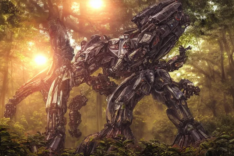 Prompt: ancient mecha walking through the forest looking up a tree during a beautiful sunset, jungle mountains in the background with huge incredibly immense trees, highly detailed, hyperrealism high detailed figure, trending on art station, ancient forest like fanal forest or fangorn forest, misty forest, realistic painting, sharp image, hyper realistic art, highly detailed leaves, cinematic