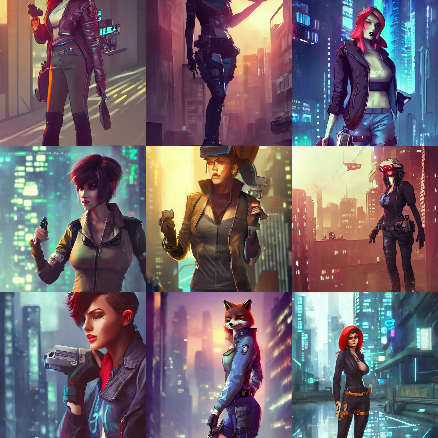 Prompt: female fox dressed as a detective in a cyberpunk city setting, beautiful masterpiece artstation detailed 8 k