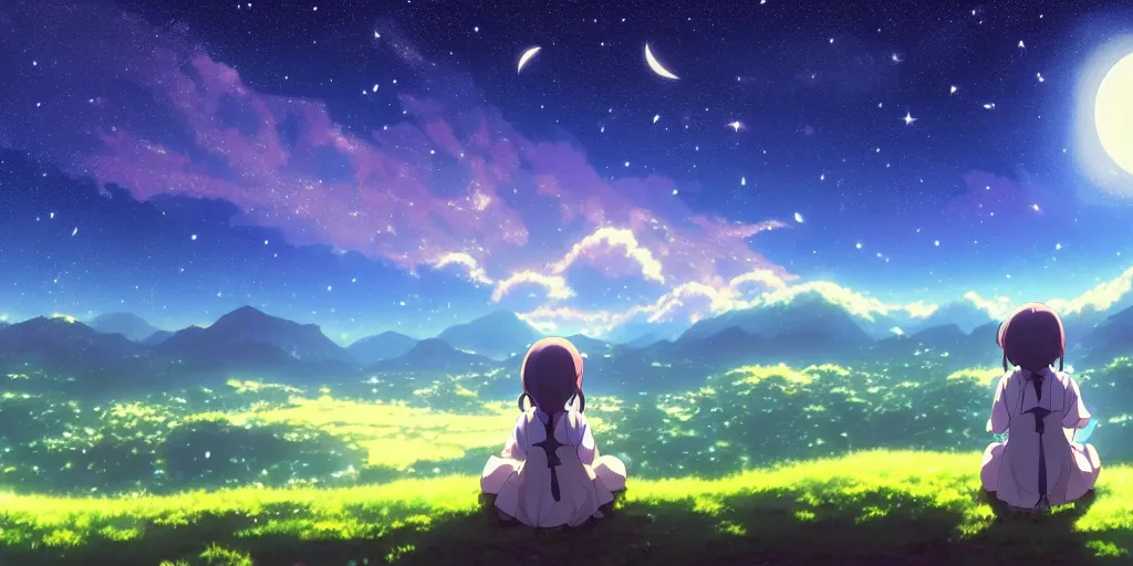 Prompt: a schoolgirl girl sat on the hillside and looked at the stars in the night sky, beautiful moonlight, rich vivid colors spectacular milky way, shining meteor, pale blue light from the moon, ambient lighting, dynamic lighting, official media, anime key visual, detailed, artwork by makoto shinkai. - h 5 7 6