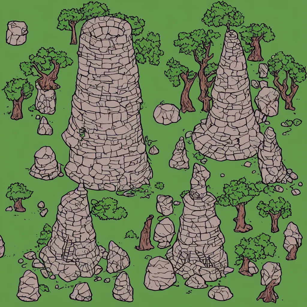 Image similar to ground, tree, rock and wizard tower, on a lineart tileset