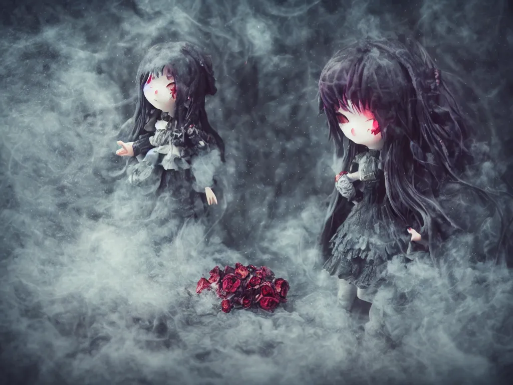 Prompt: cute fumo plush of a gothic maiden girl clutching lots of decayed roses, stale twilight, swirling vortices of emissive smoke and volumetric fog over the river, bokeh, 5 0 mm, vignette, vray