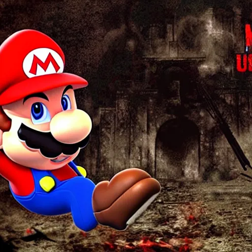 Image similar to mario in a ruined kingdom, resident evil, gothic horror, silent hill, occult, terror, mist