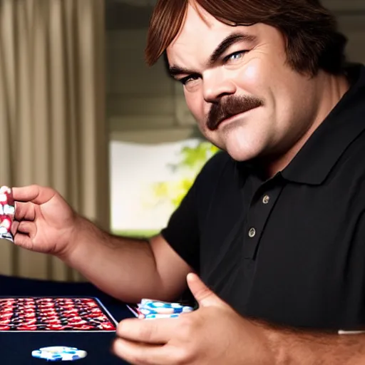 Prompt: Jack Black playing blackjack while drinking blackcurrant and wearing black polo shirt, realistic, ultra high detail, 8k.