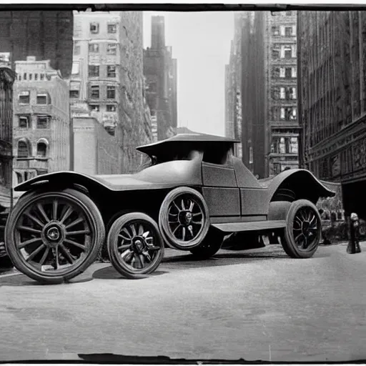 Prompt: old black and white photo, 1 9 1 3, depicting batman's batmobile from dark knight rampaging through the bustling streets of new york city, rule of thirds, three - point perspective, historical record