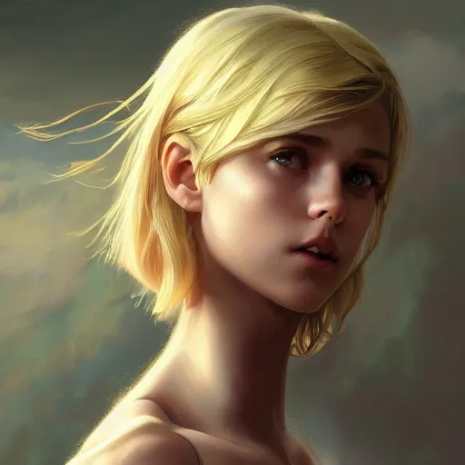 Prompt: an epic fantasy comic book style portrait painting of a young blonde girl with pixie haircut wearing plain tank top, confident, fantasy, intricate, elegant, highly detailed, digital painting, artstation, concept art, matte, sharp focus, illustration, art by artgerm and greg rutkowski and alphonse mucha