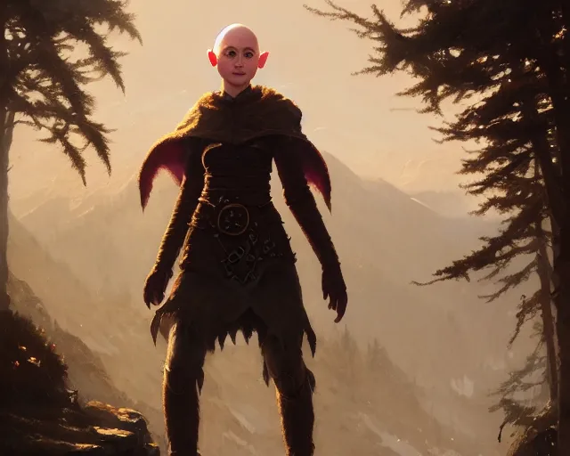 Image similar to highly detailed portrait of sophia lillis as a bald elf, in skyrim, stephen bliss, unreal engine, fantasy art by greg rutkowski, loish, rhads, ferdinand knab, makoto shinkai and lois van baarle, ilya kuvshinov, rossdraws, tom bagshaw, global illumination, radiant light, detailed and intricate environment