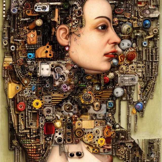 Image similar to profile portrait of a woman, computer parts, mechanical parts, by giuseppe arcimboldo, cyberpunk, futuristic, psychedelic, surreal, sci - fi, dreamlike, fantasy.