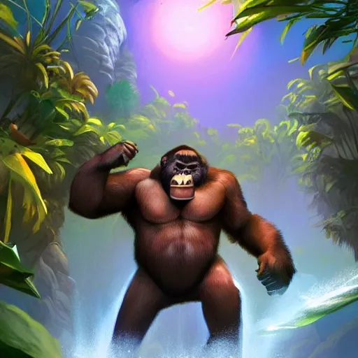 Image similar to swagger! gorilla living large in the jungle by tyler edlin, bold colors, detailed, incredible lighting, great composition, artstation