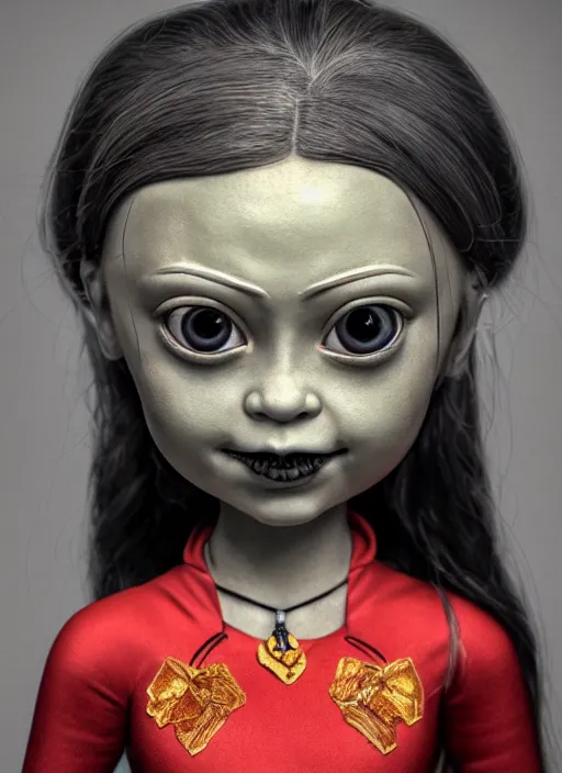 Image similar to closeup face profile portrait of tin toy greta thunberg as a gothic vampire, bikini, depth of field, zeiss lens, detailed, symmetrical, centered, fashion photoshoot, by nicoletta ceccoli, mark ryden, lostfish, breathtaking, 8 k resolution, extremely detailed, beautiful, establishing shot, artistic, hyperrealistic, octane render