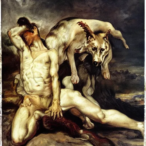 Prompt: the hellhound, oil on canvas in the style of Romanticism by Eugène Delacroix