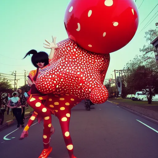 Image similar to daft, ridiculous, joyous, yayoi kusama being chased by a giant ballon dog, nendroid, during golden hour. extremely silly in style of butcher billy.