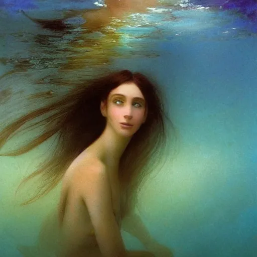 Prompt: woman underwater photography with a long flowing dress, flowing hair, burnt skin, and different colored multi-colored eyes by Ivan Aivazovsky and Odilon Redon, award winning, epic, cosmic, dreamy, underwater