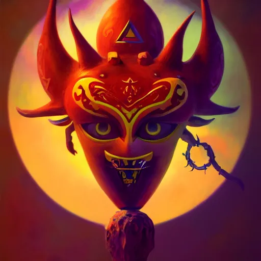 Prompt: a band logo for majora's mask, extremely detailed digital painting, in the style of fenghua zhong and ruan jia and jeremy lipking and peter mohrbacher, mystical colors, rim light, beautiful lighting, 8 k, stunning scene, raytracing, octane, trending on artstation