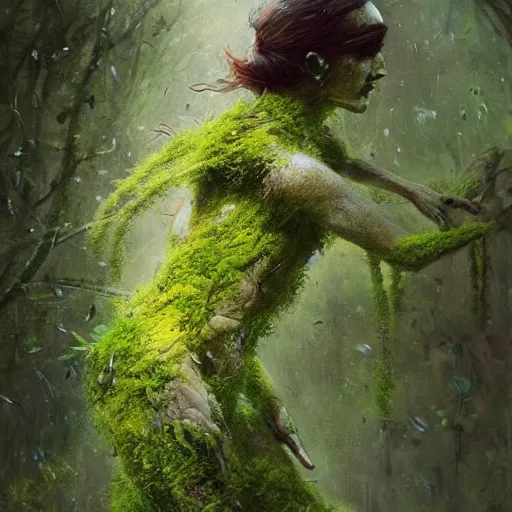 Image similar to a beautiful humanoid creature made out of moss and flowers. ethereal fantasy art by greg rutkowski