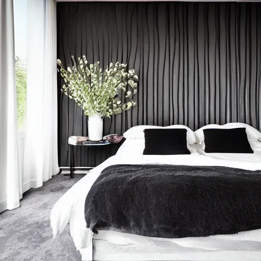 Image similar to bedroom, interior design, stylish luxury hotel bedroom design, black vertical slatted timber, !stone, textures, feminine, black walls, art, vase with flowers, Japanese and Scandinavian influences