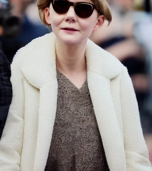 Prompt: detailed attractive characther portrait of carey mulligan wearing oversized nilon white luxury jacket and wearing sunglasses, realistic, wide angle, dramatic light 8 k