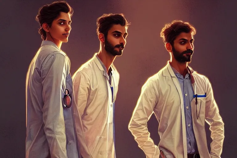 Image similar to Anxious pretty pale young Indian doctors wearing jeans and shirts at the airport, portrait, elegant, intricate, digital painting, artstation, concept art, smooth, sharp focus, illustration, art by artgerm and greg rutkowski and alphonse mucha