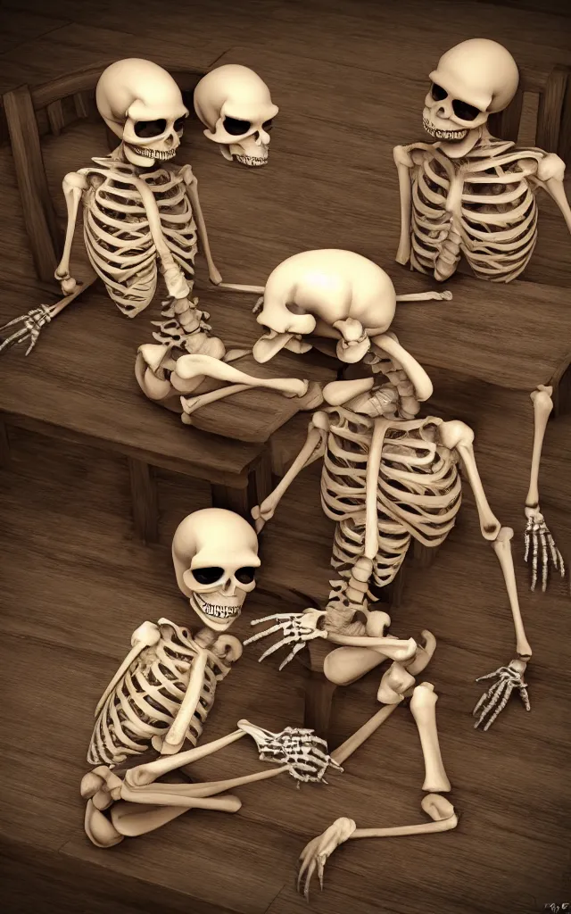 Prompt: two skeletons eating together during a night fantasy, 2010s daz 3d studio, renderosity, detailed